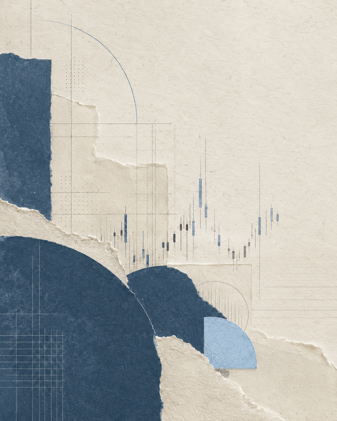 Abstract collage of financial charts, textured paper and blue geometric forms